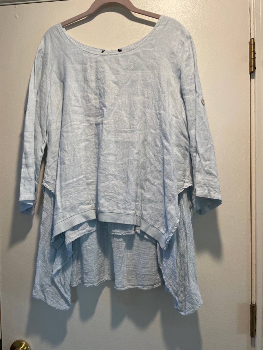 Athena Powder Blue Greek Linen Lagenlook Mother of Pearl Button Back Tunic Top
